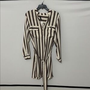 Black Tape_ Striped Shirt Dress in Black, Cream, and Brown